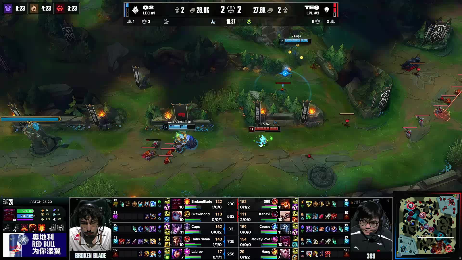 全球先锋赛首日预告的官方公告： Top Esports 将对阵 Hanwha Life Esports ，一场强强对决，争取一个良好的开局